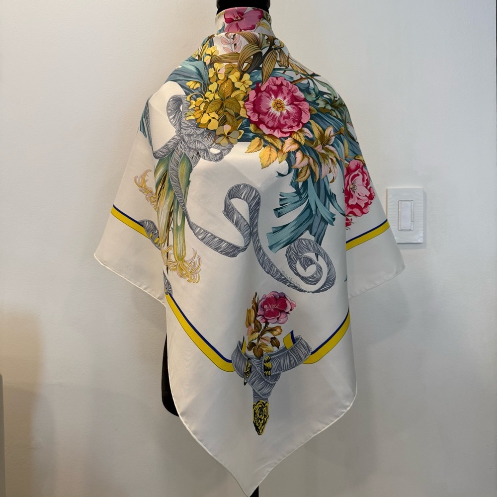 Hermes Floral Silk Scarf with Ribbon Design 35” - Picture 3 of 10